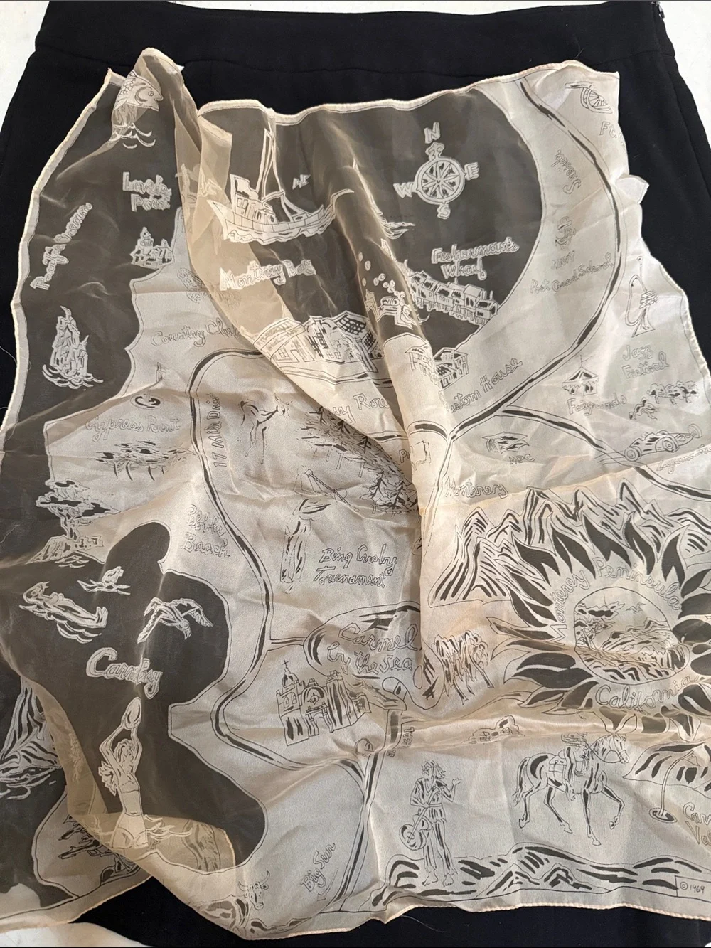 Carousel of Canary Row Carmel Monterey Illustrated Scenic Scarf 🧣in Cream